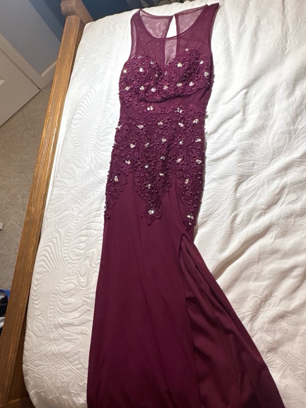 Burgundy Beaded maxi dress with floral embroidery